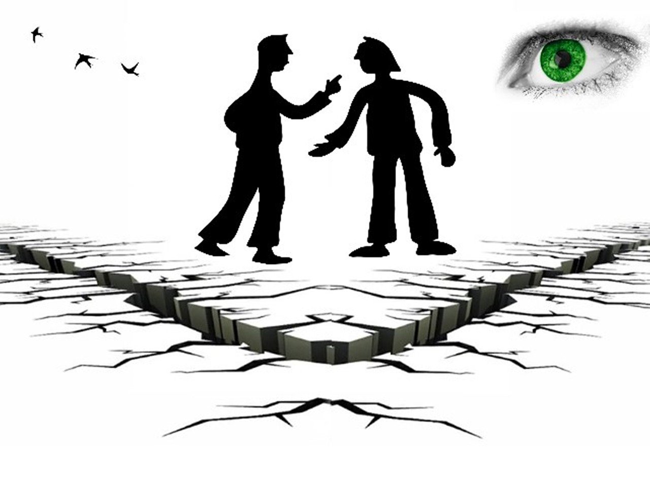 Dos personas en conflicto y un ojo superior observando. Principio de contradicción